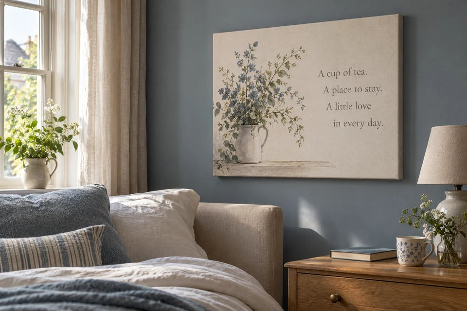 A short four-line poem printed on a stretched canvas above a bed in a blue bedroom.