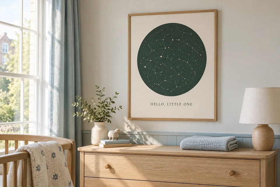 A cream star-map-style paper poster reading Hello, little one in a softly coloured nursery.