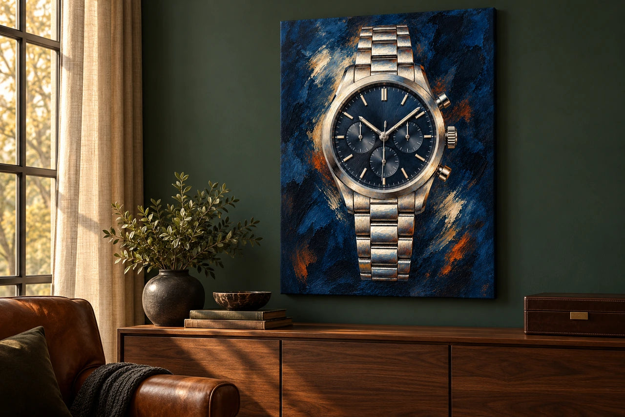 A collector's study with a large portrait canvas of an unbranded painted-style chronograph.