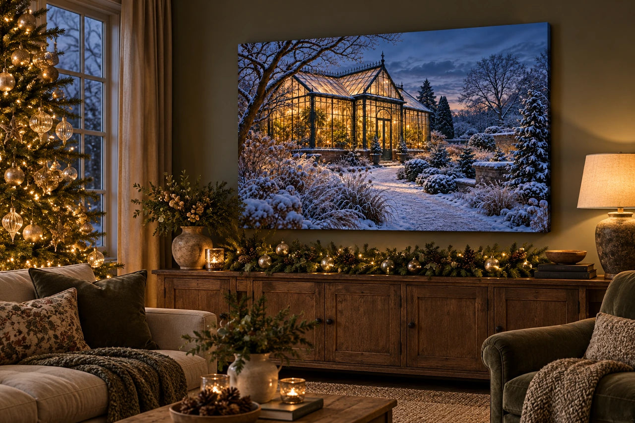 An elegant Christmas living room with a large winter-glasshouse canvas above an oak sideboard and a softly lit tree to the left.