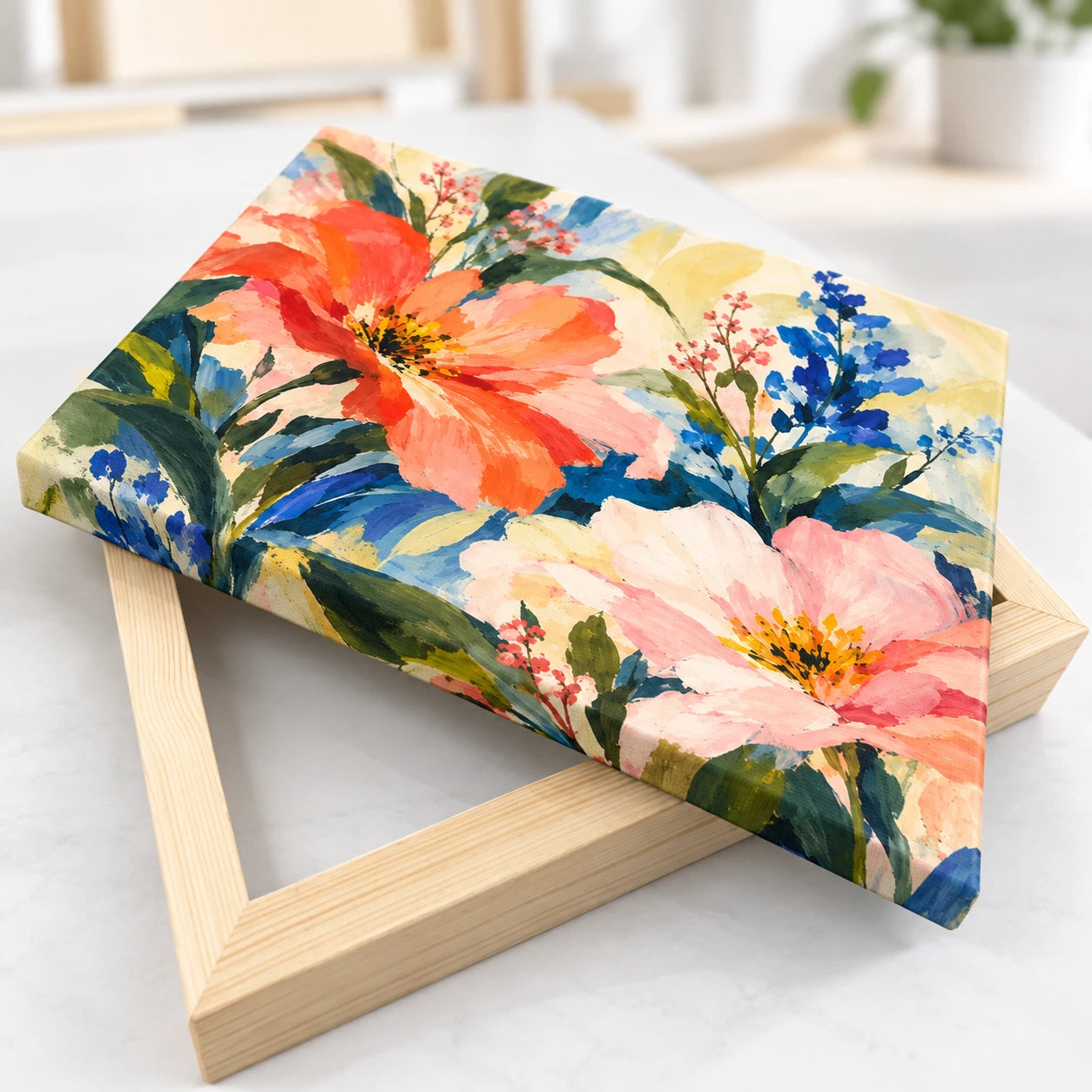 A colourful abstract floral canvas resting diagonally across a separate pale pine stretcher frame.