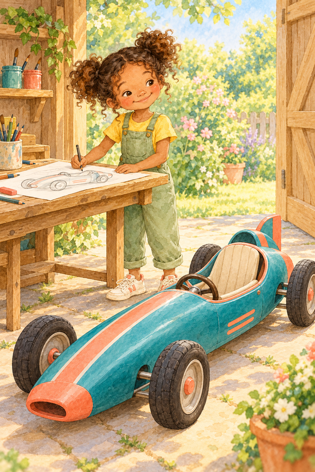 The same illustrated girl drawing her teal and coral racing car in a sunny garden workshop.