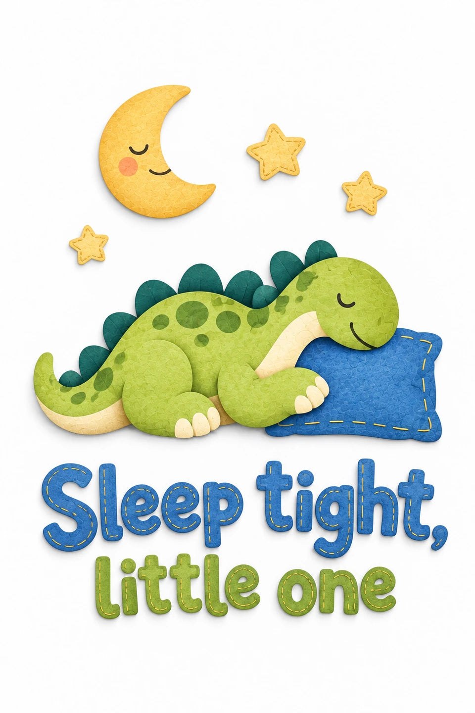 Sleeping green paper-cut dinosaur on a blue pillow beneath a yellow moon and stars, with Sleep tight, little one lettering.