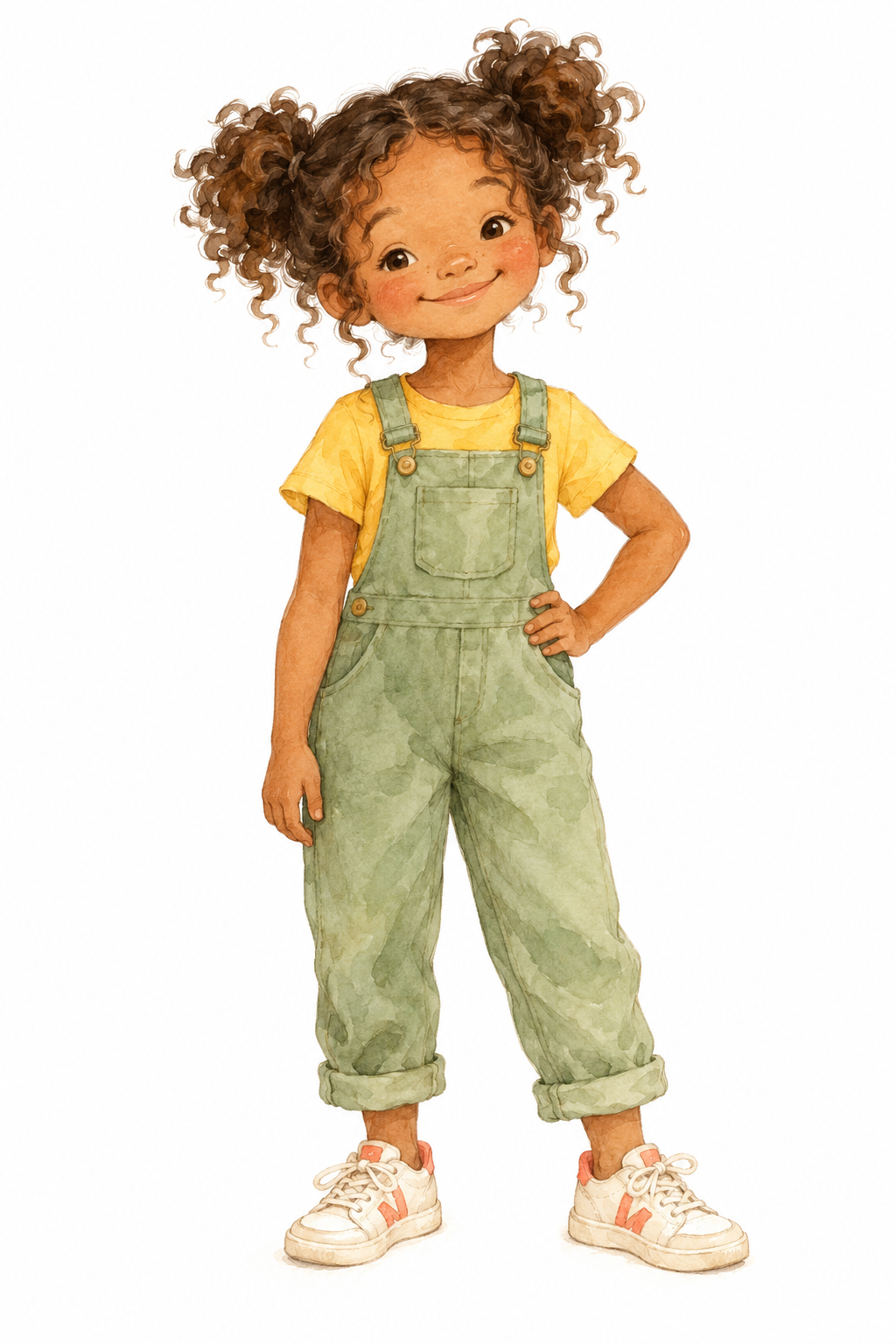 Watercolour illustration of a girl with curly bunches, sage-green dungarees and a yellow T-shirt.