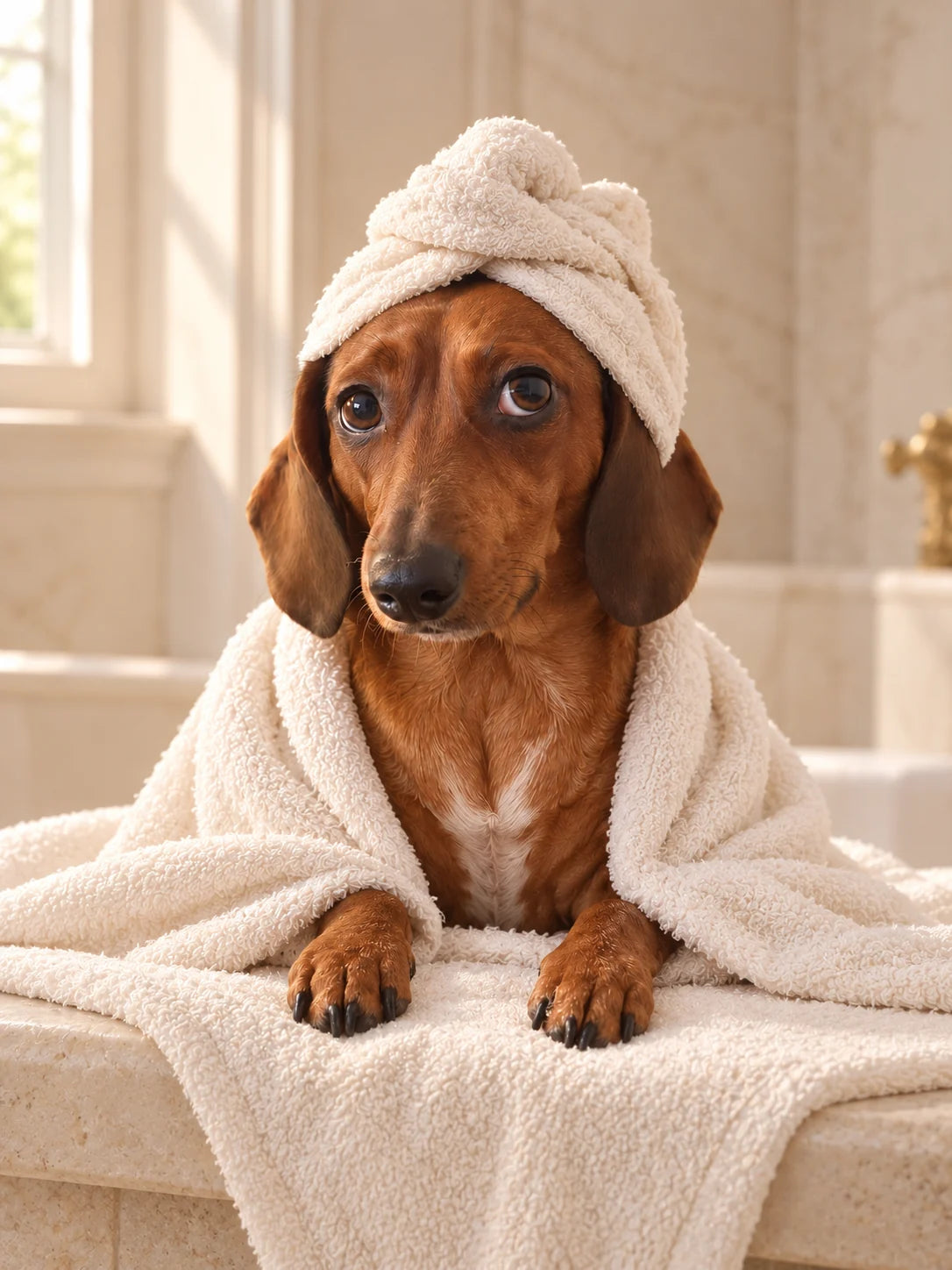 AI-created dachshund wearing loosely arranged ivory spa towels