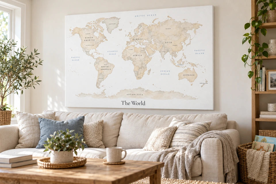 Pale world-map canvas above a cream sofa