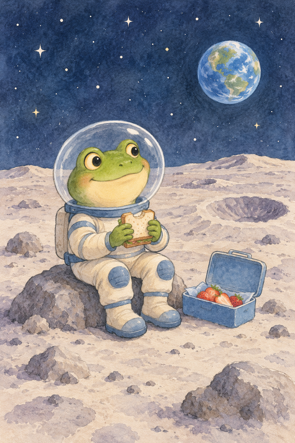 A friendly frog astronaut holding a sandwich beside a blue lunchbox of strawberries on the moon.