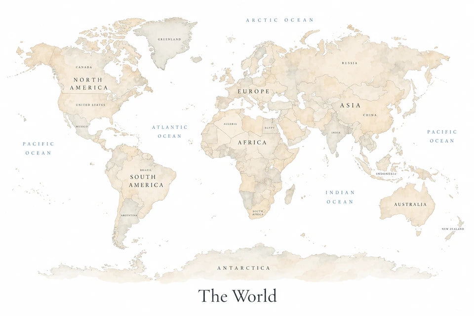 Elegant Pale Watercolour World Map