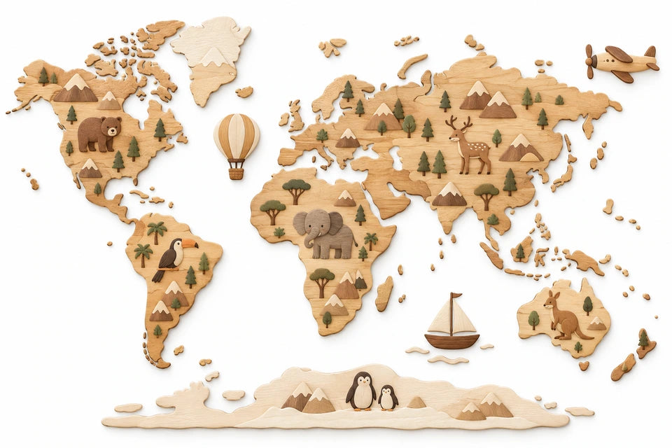 Scandinavian wooden world map adventure