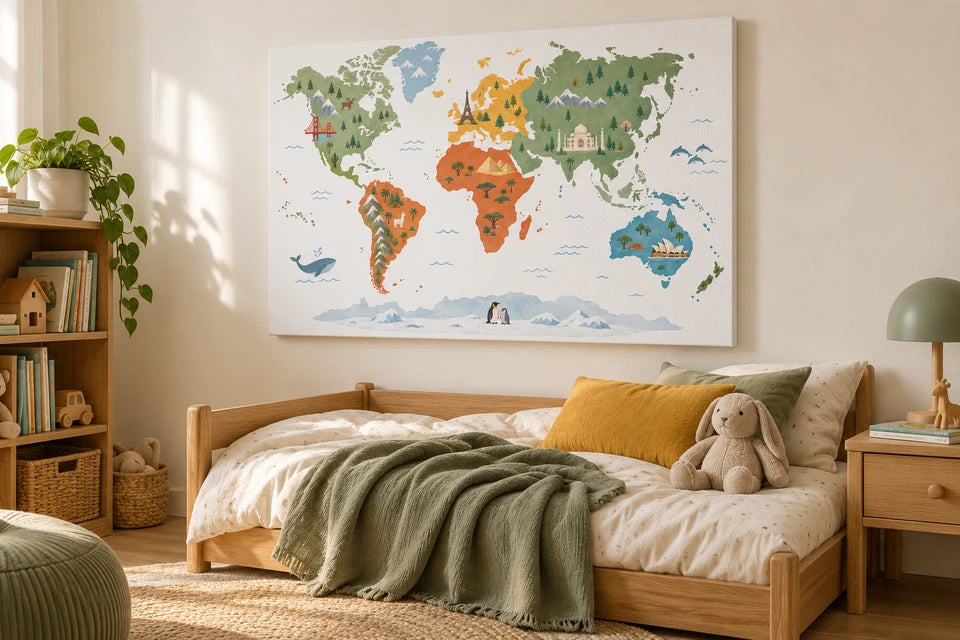 Landmark map canvas above a child’s bed