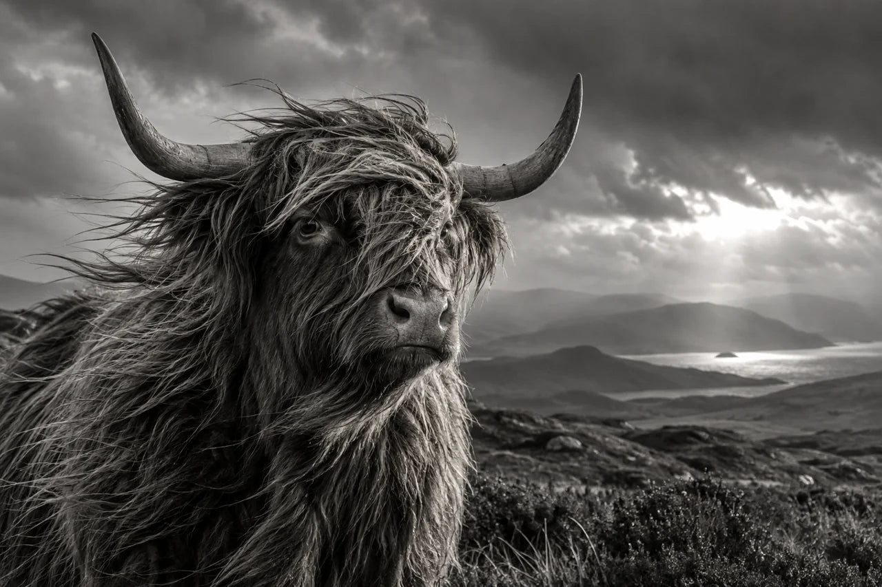 AI-created monochrome Highland cow on a stormy moor