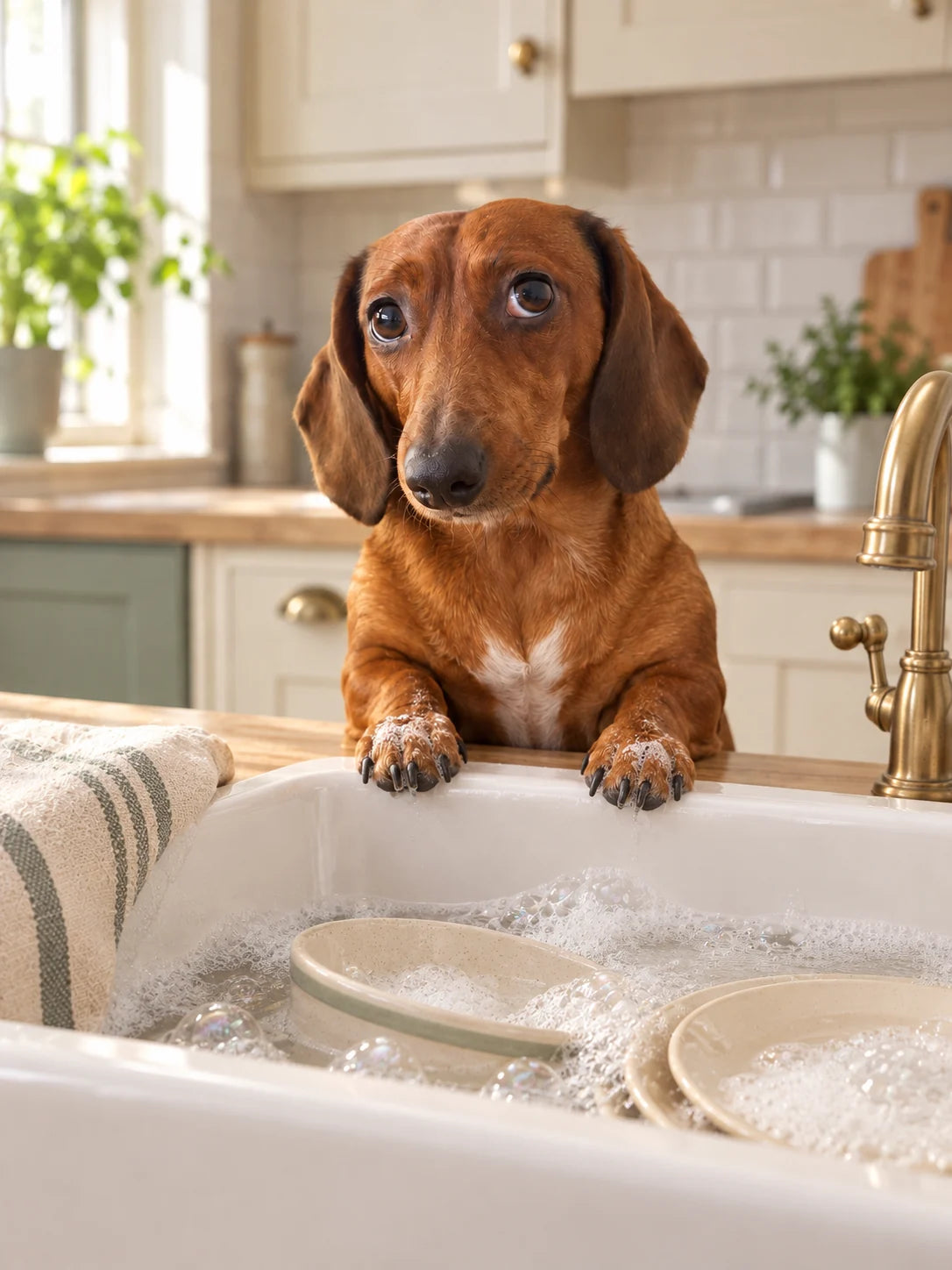 AI-created dachshund at a farmhouse sink with dishes and bubbles
