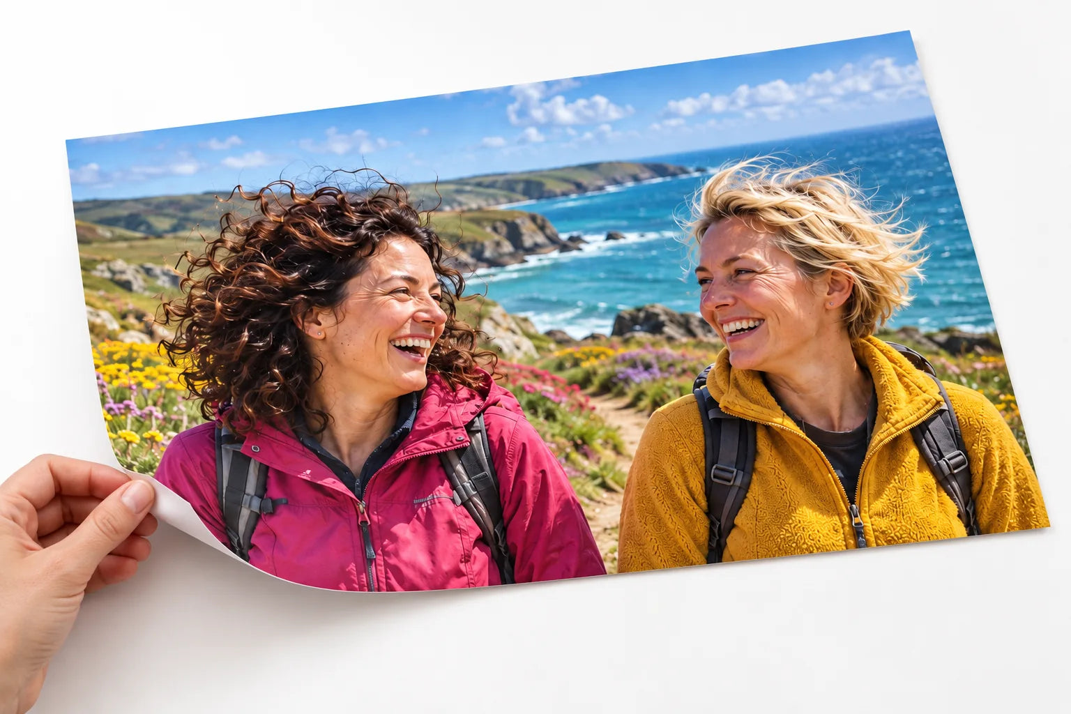 A hand gently lifts the corner of a full-bleed matte poster showing two friends on a coastal walk.