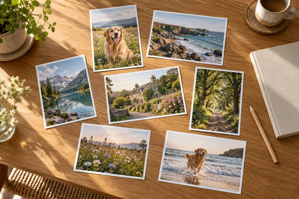 A small selection of landscape and pet photographs arranged on a desk for a collage.