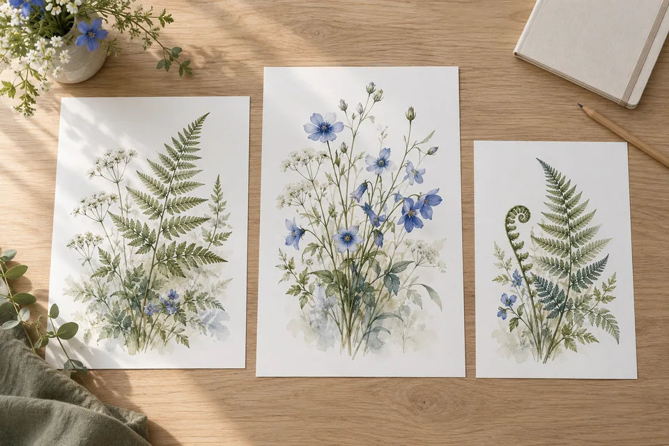 Three unframed botanical art prints with different proportions arranged on a pale oak desk.