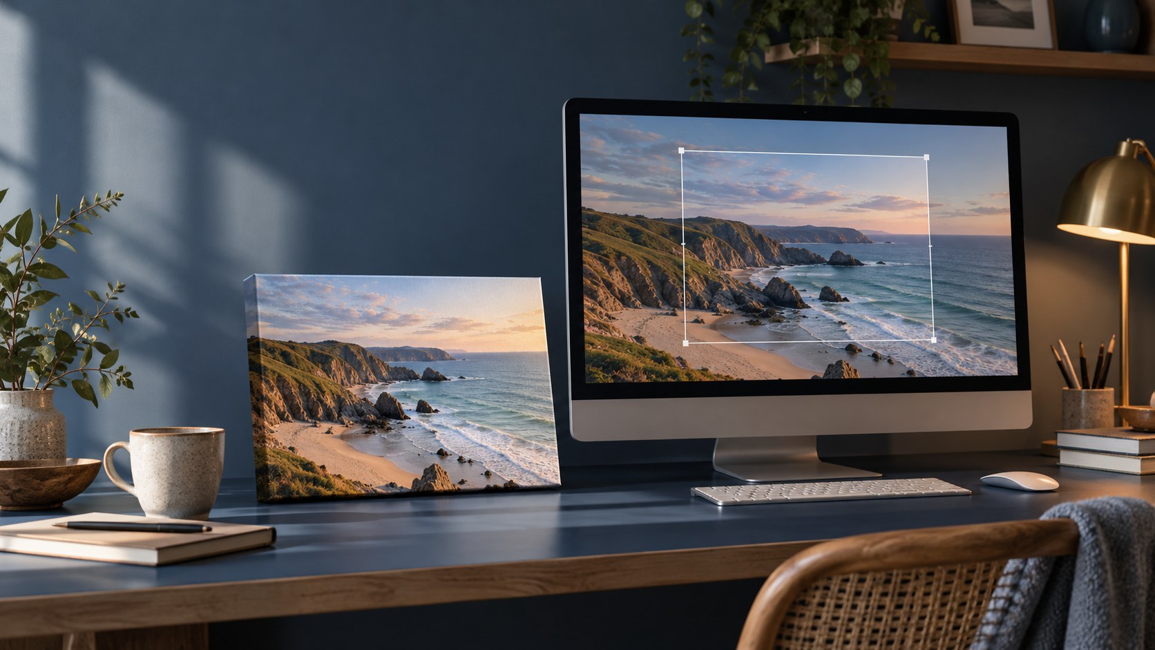 An editing workspace with a coastal photograph, a crop guide and a matching wrapped canvas print.
