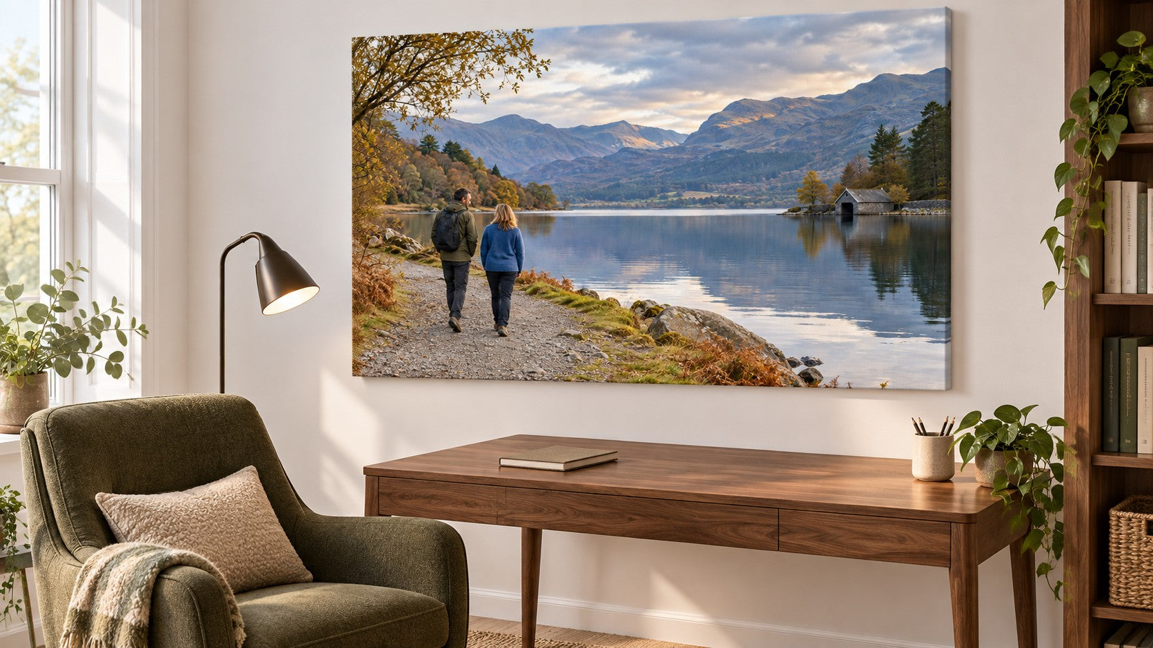 Reading-space display of a canvas showing two people beside a quiet mountain lake.