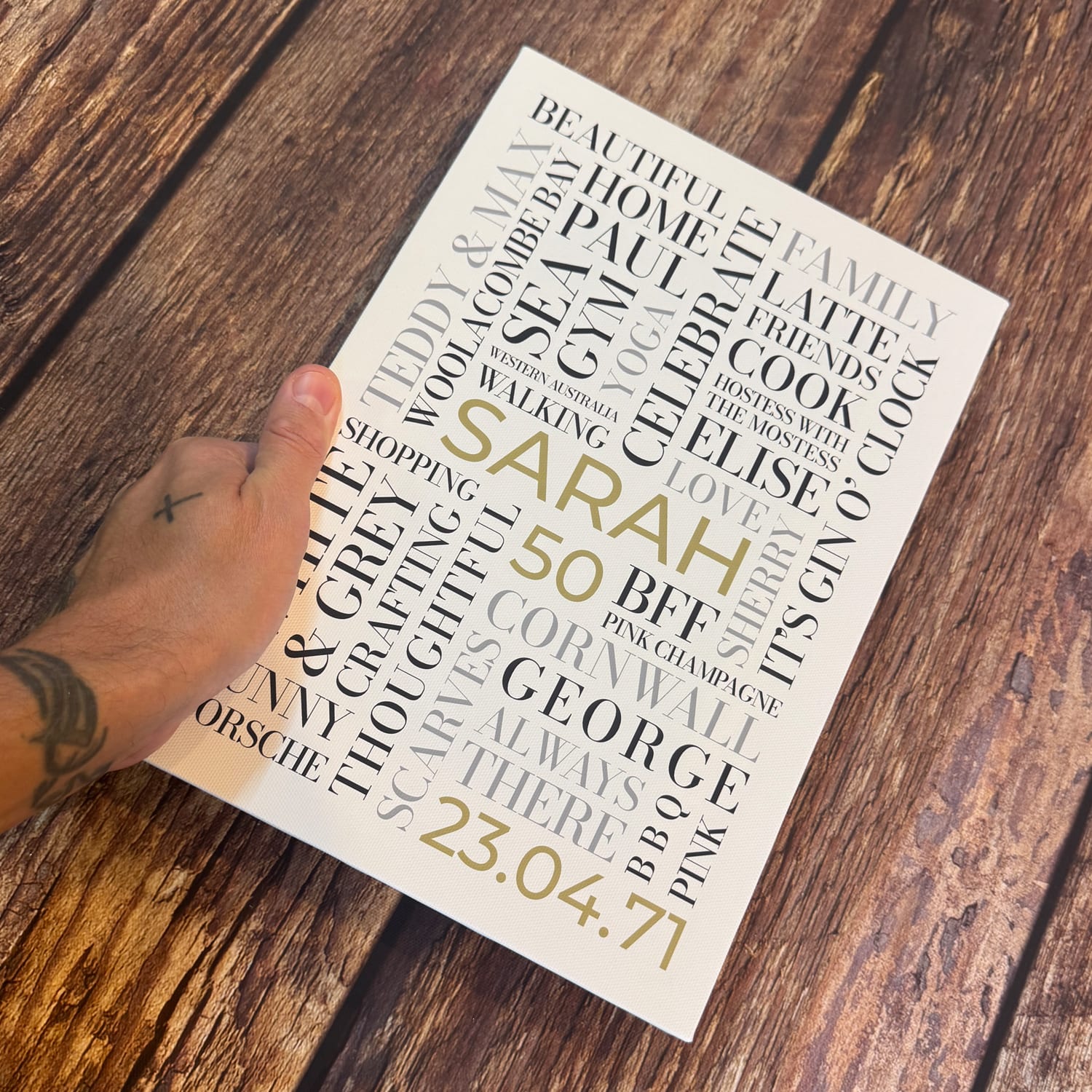 A personalised birthday Word Art canvas held by hand