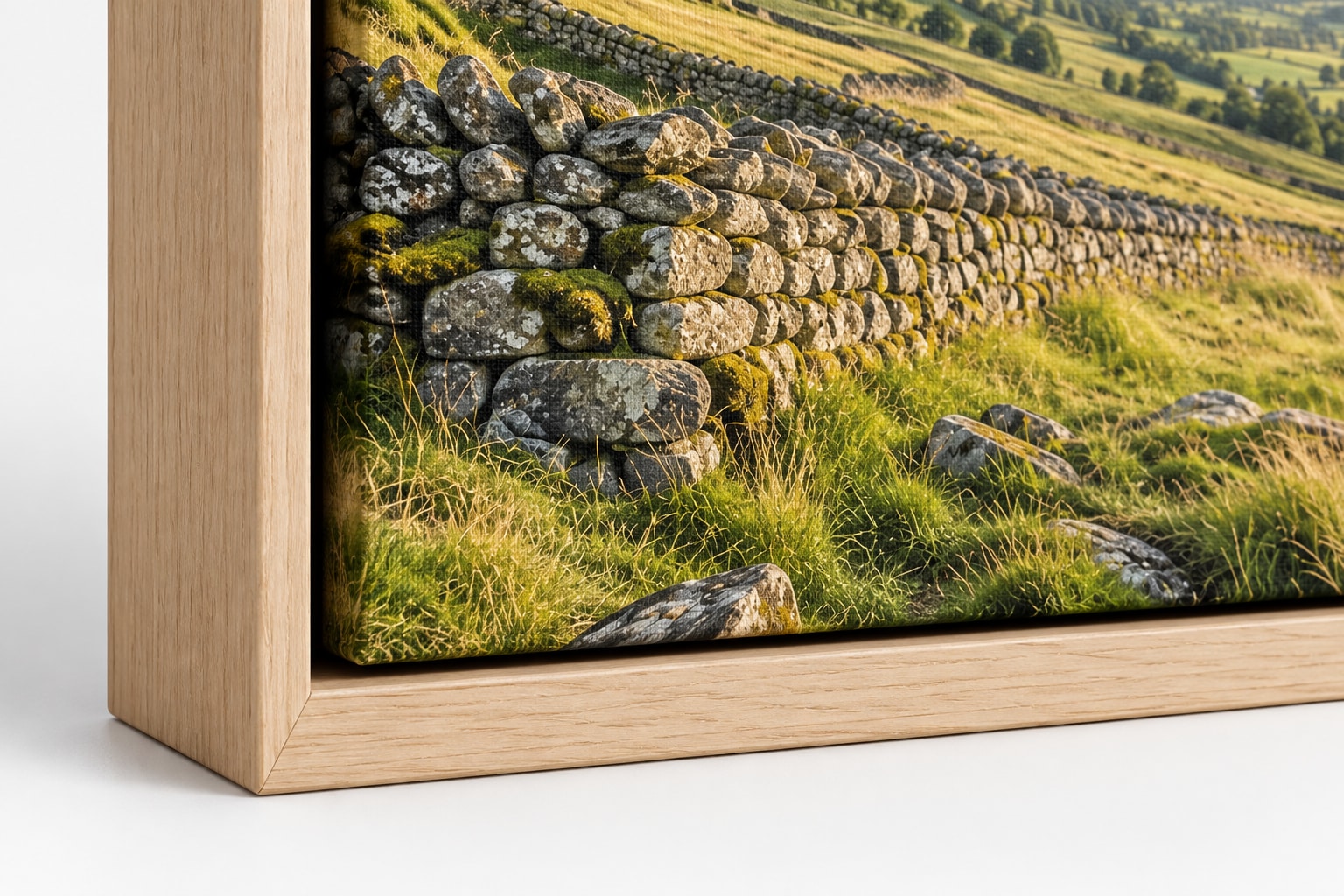 Landscape canvas corner, shadow gap and surrounding natural wood floating frame.