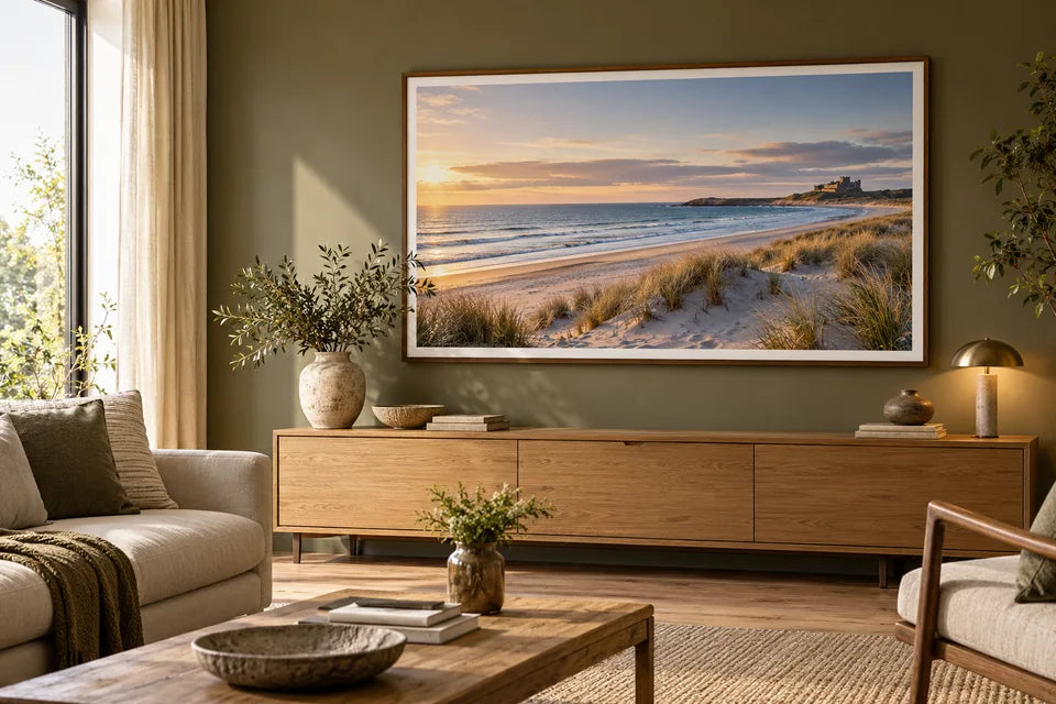 A large coastal photograph displayed as a framed paper poster above an oak sideboard.
