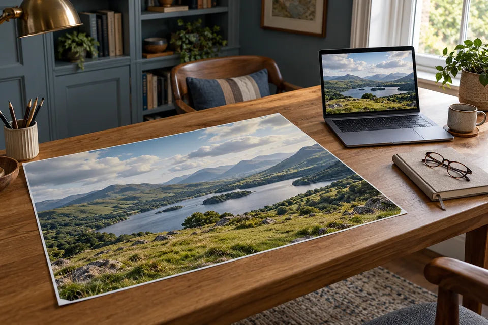 A laptop and an unframed landscape photo poster on a spacious desk.