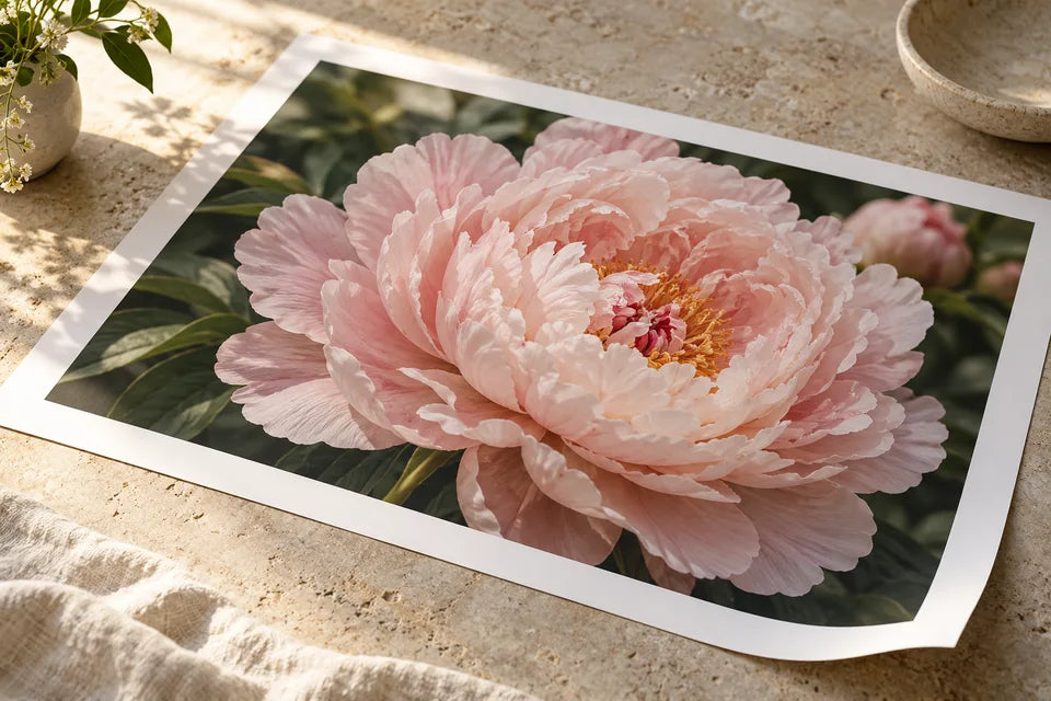 Close-up of a smooth matte paper print showing pink peony petals and a white paper border.