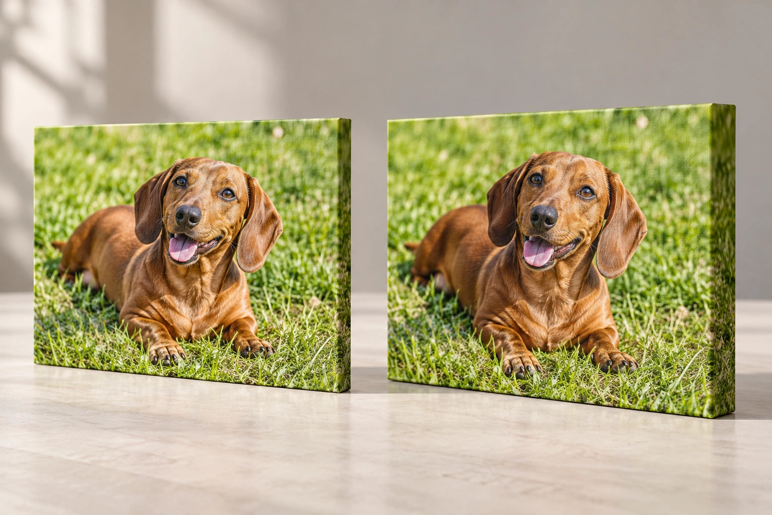 Two unframed dog photo canvases with a slim side and a deeper chunky side