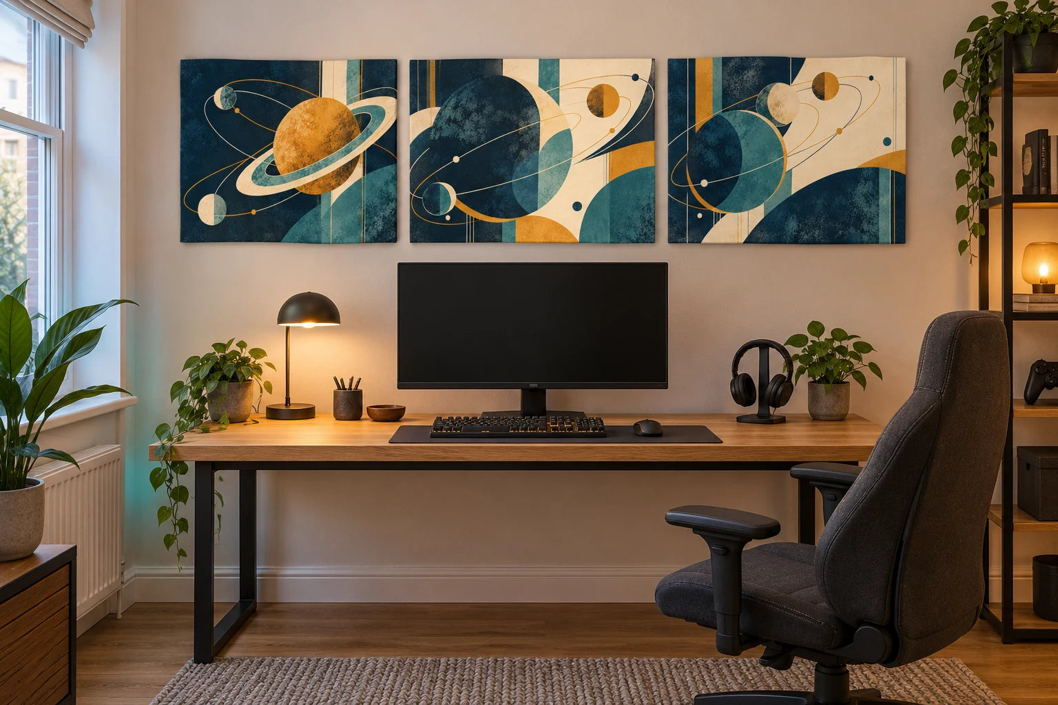 Three navy, cream and ochre space canvases above an oak gaming desk