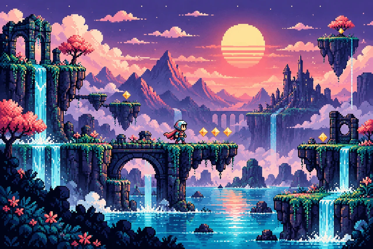 Pixel-art explorer, floating platforms and waterfalls against a purple and coral sky.