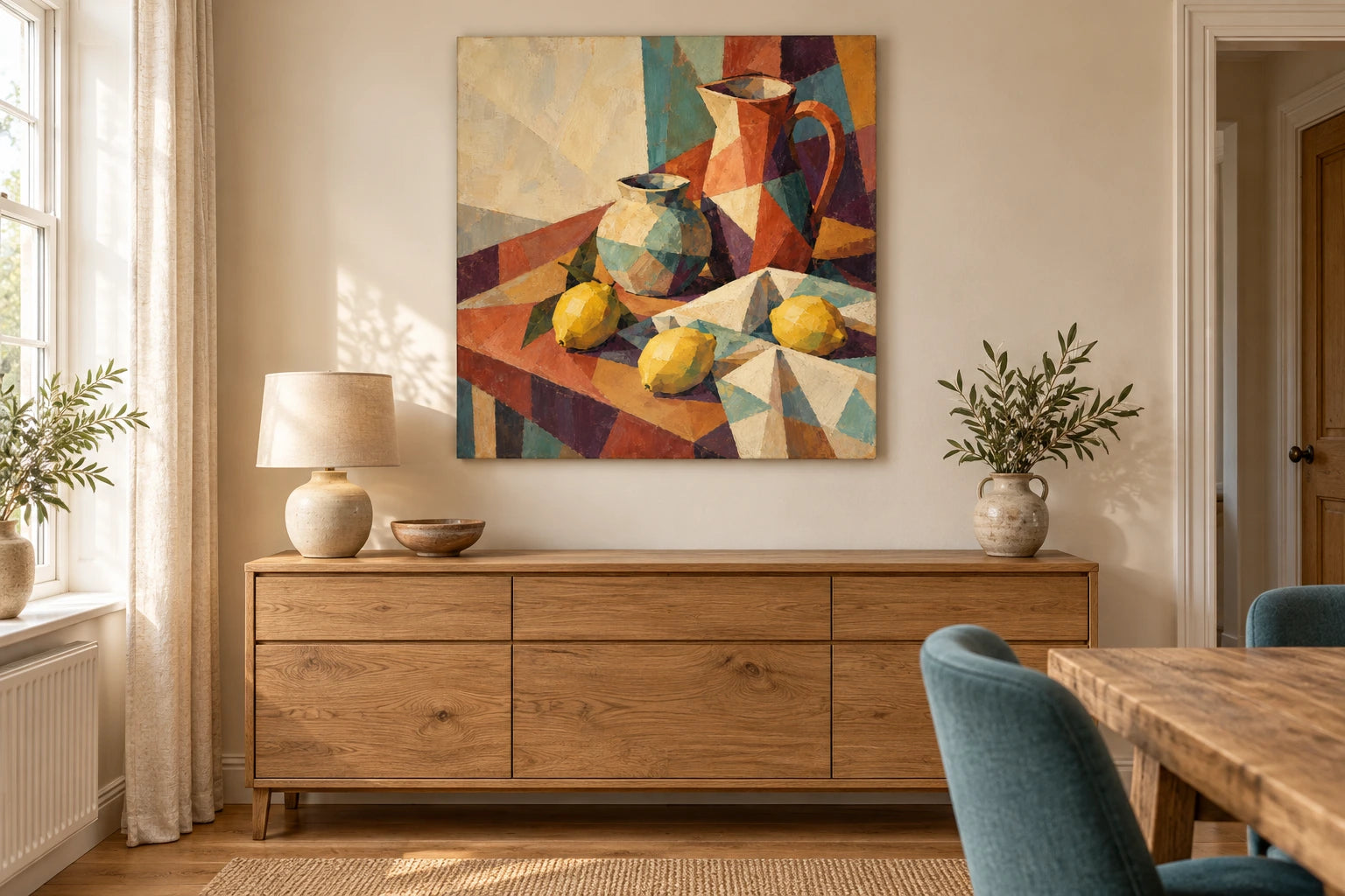 Square painted still-life canvas with ceramic vessels and lemons above an oak sideboard in a warm dining room.