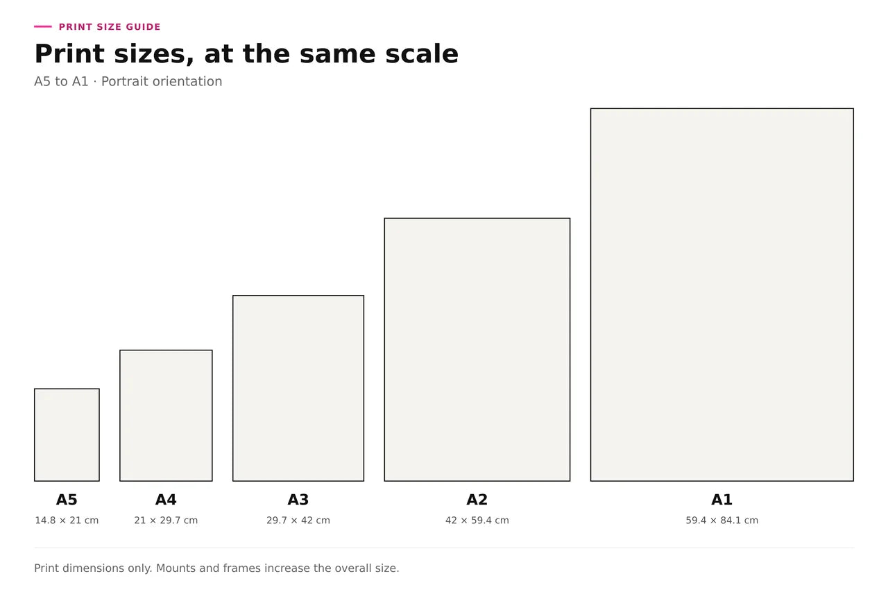A5 to A1 print sizes drawn at the same scale; dimensions are listed in the table.