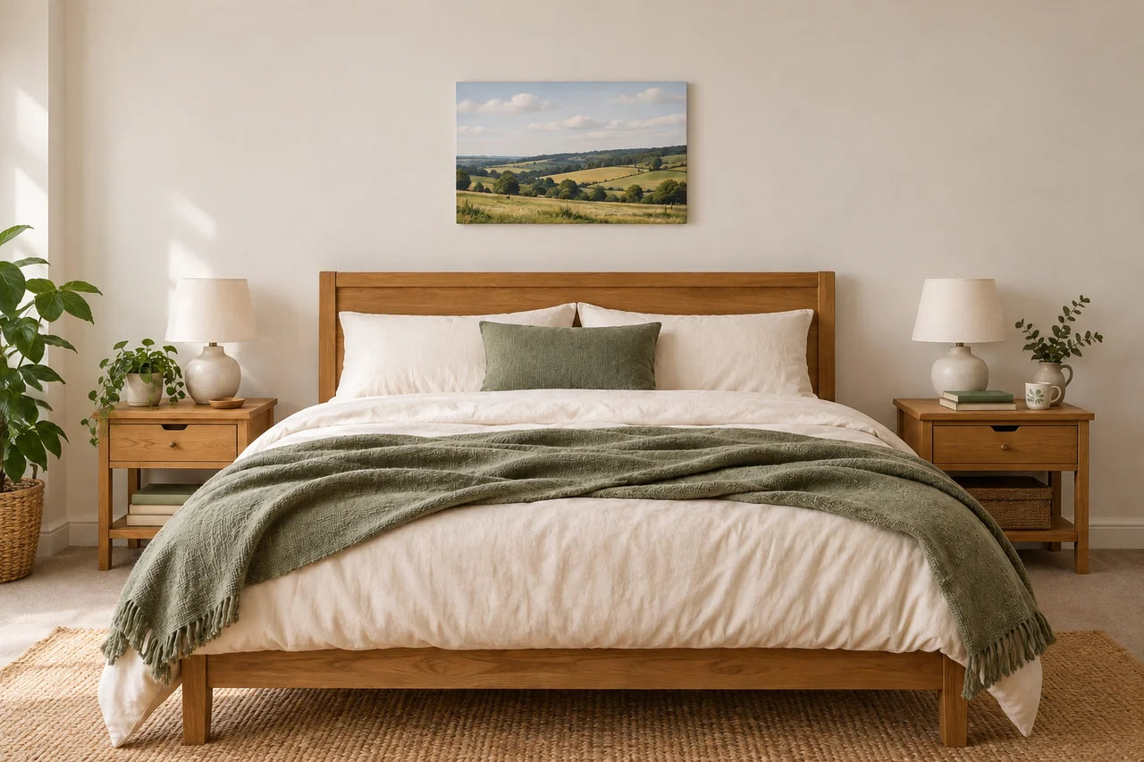 Landscape countryside artwork above a bed.
