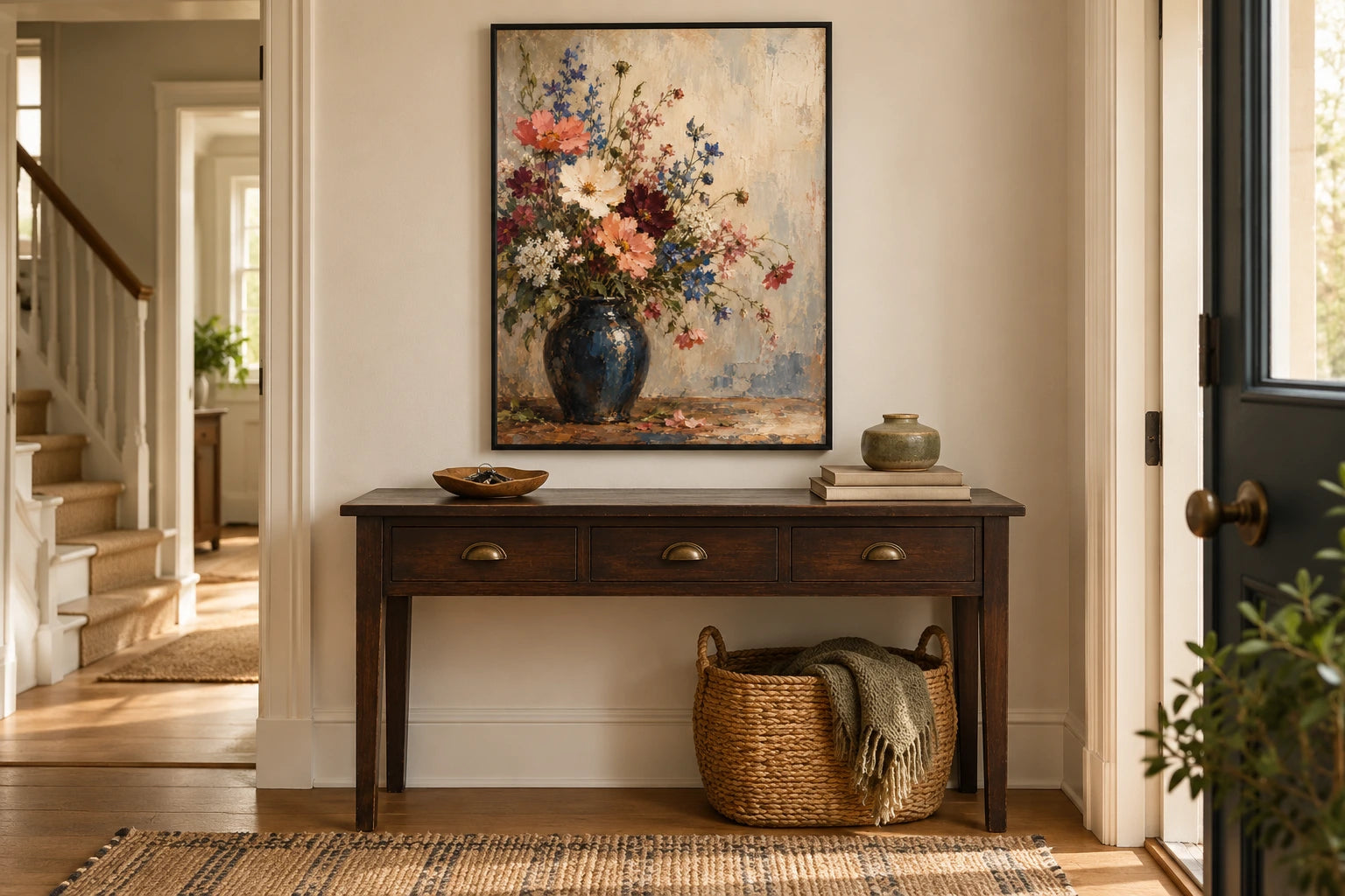 Framed portrait floral print above a narrow dark console in a light British hallway.