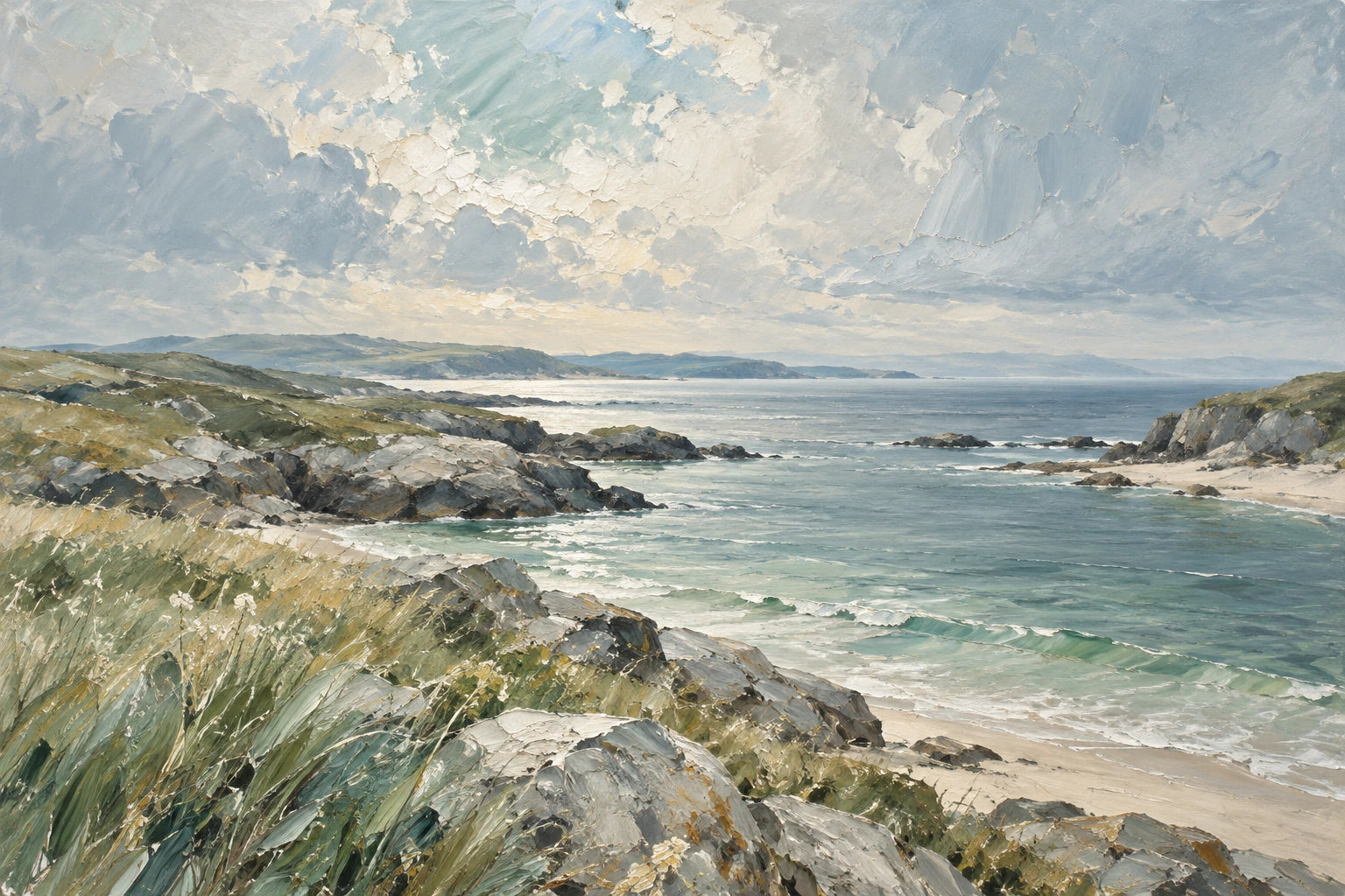 Coastal hush: a fictional quiet coast with no identifiable landmark, expressive painting rather than photographic scenery in sea-glass green, chalk white, sand and blue-grey.