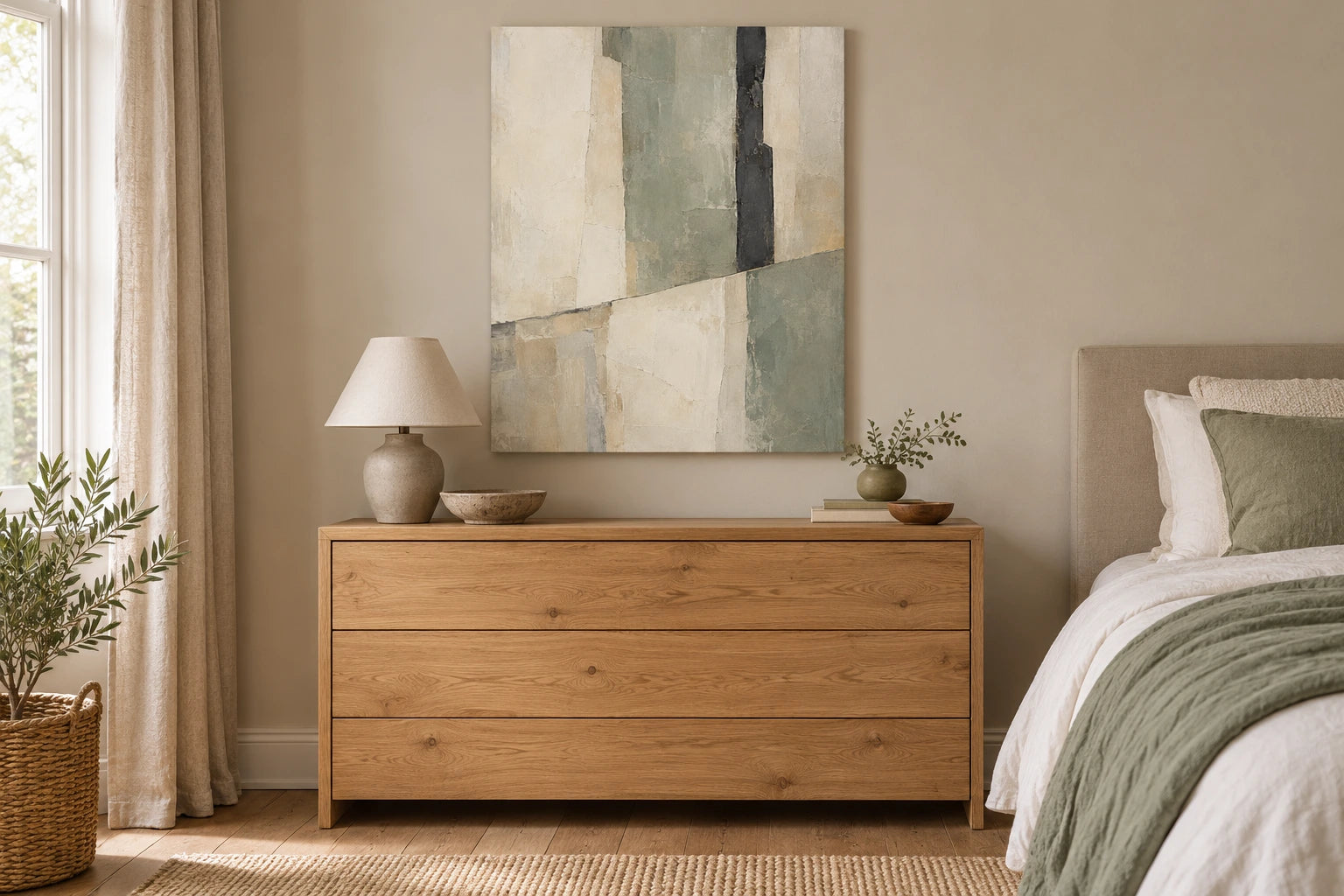 Portrait abstract canvas in chalk, stone, sage and charcoal above an oak chest in a calm bedroom.