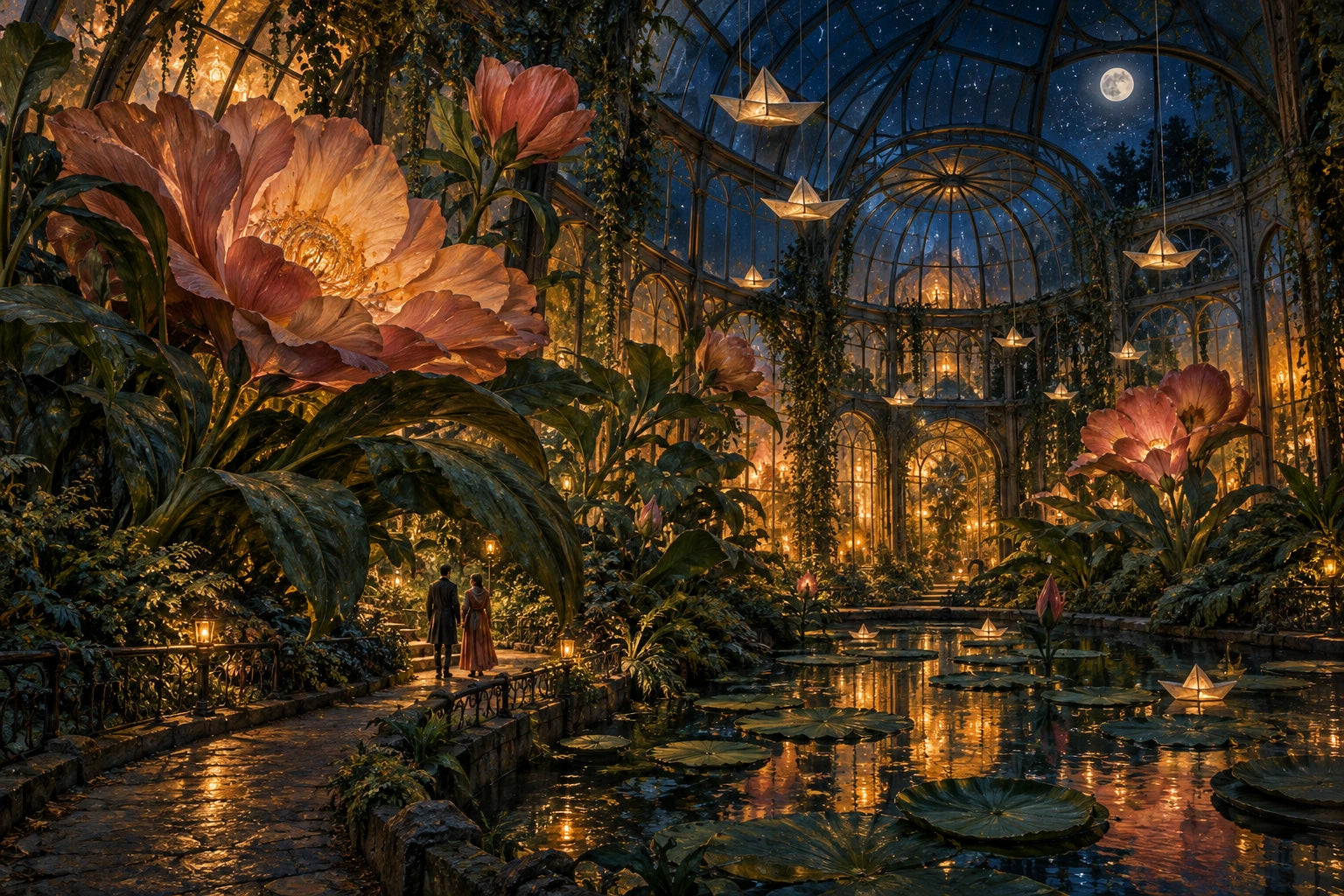 The midnight greenhouse: an original surreal botanical scene with gentle narrative detail and a calm magical mood in midnight blue, moss green, amber and muted rose.