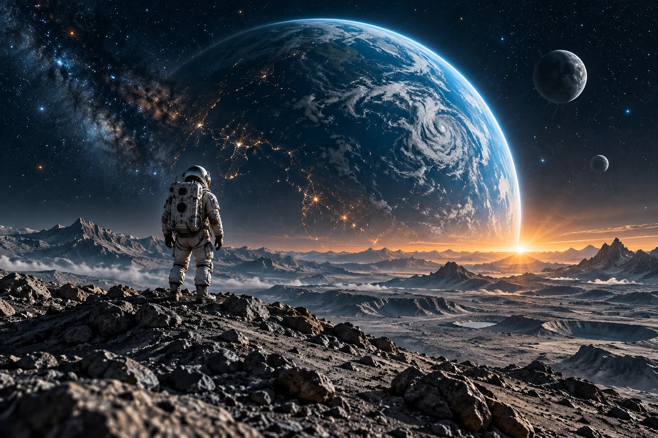 Astronaut on a rocky moon ridge facing a large blue planet above the horizon.