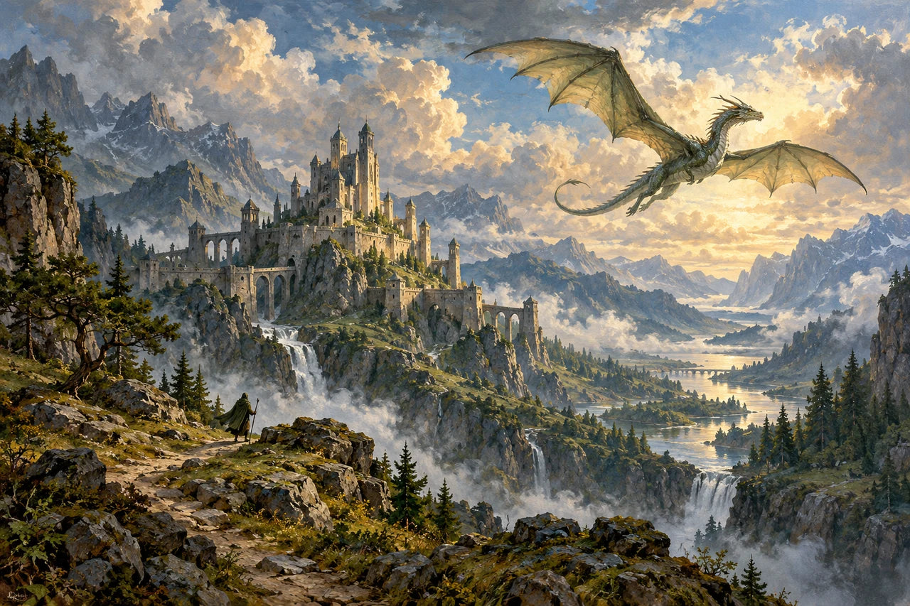 Painted fantasy citadel, flying dragon and small traveller in a mountainous landscape.