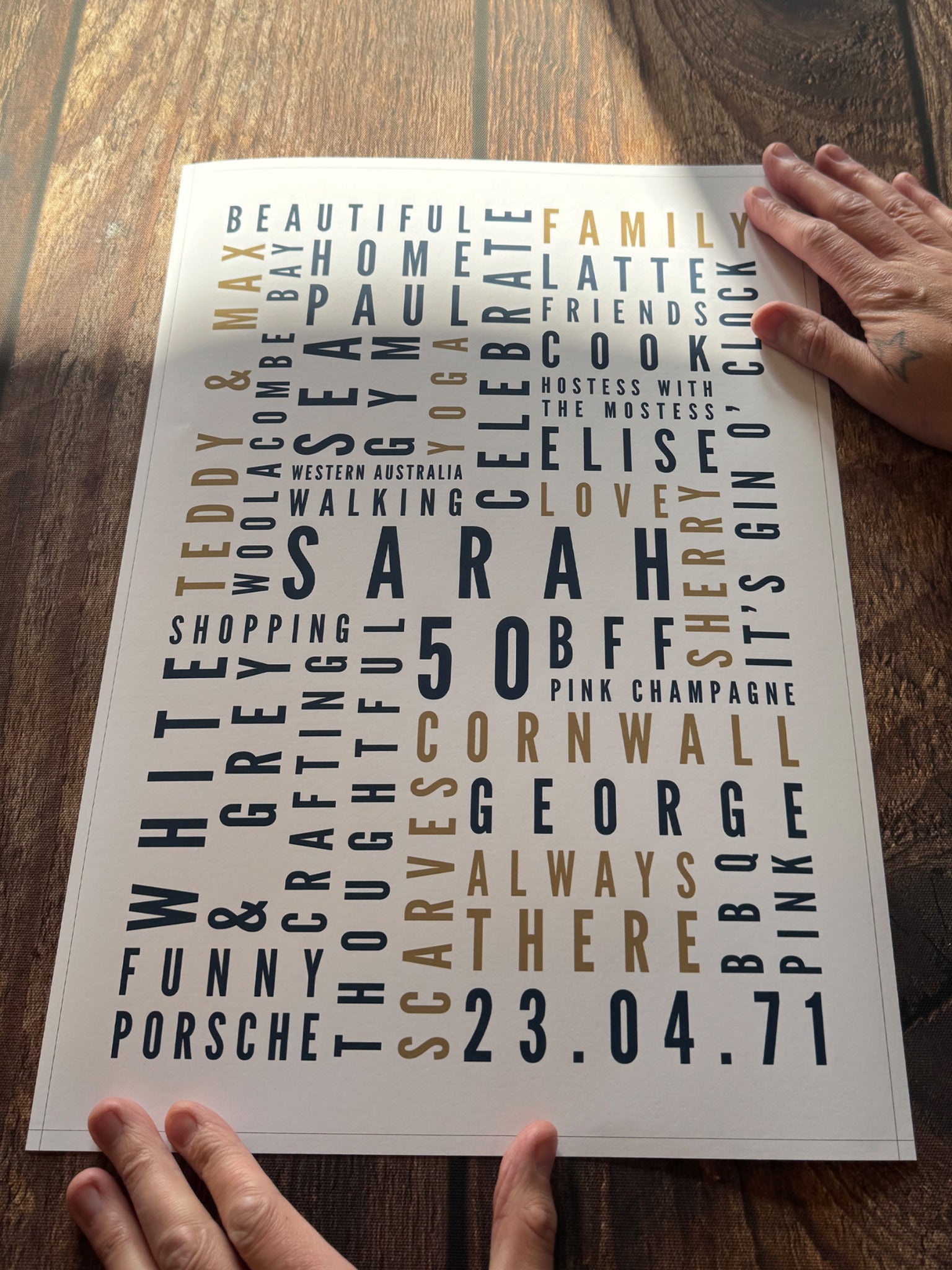 Hands holding a personalised word art print on a dark wooden table.