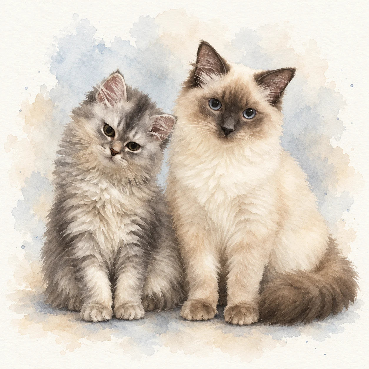 AI-created watercolour: grey kitten beside cream cat with pale blue and oatmeal washes