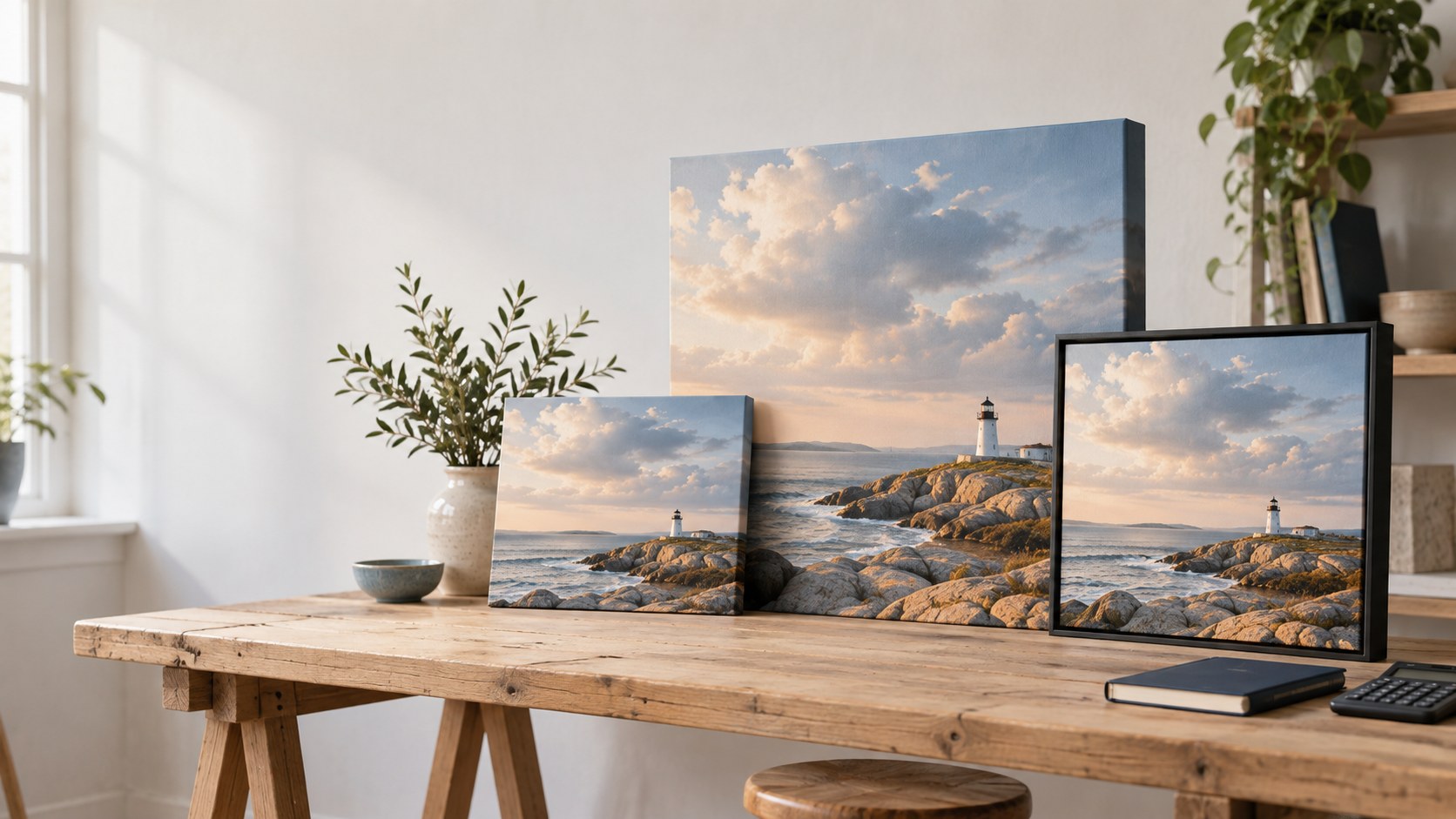 Canvas prints in several sizes arranged with an unbranded notebook and calculator on a studio table.