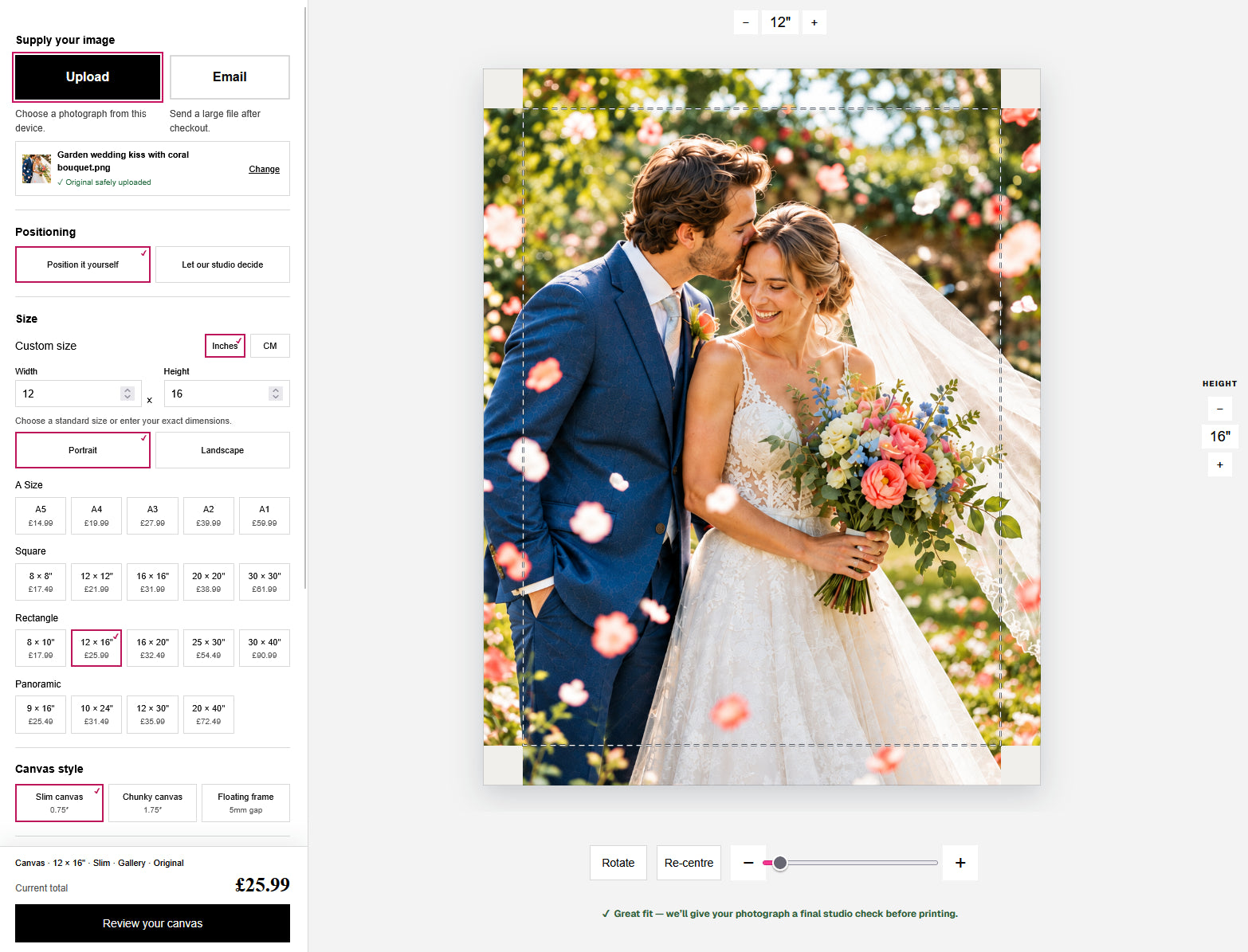 Desktop canvas builder showing a wedding photograph, size and finish controls, preview guides and Review your canvas.