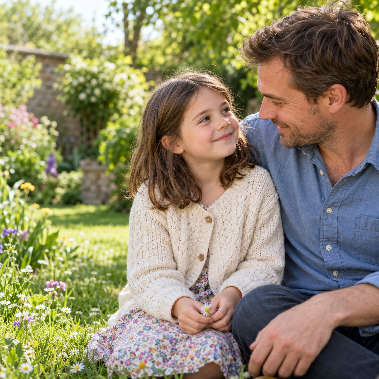 Father and daughter sitting together in a garden, with his face close to the right edge.