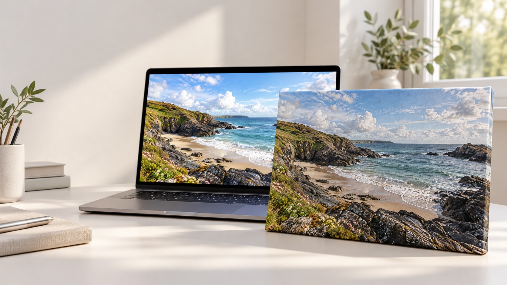 Illustrative workspace with the same coastal photograph on a laptop screen and a textured canvas beside it.