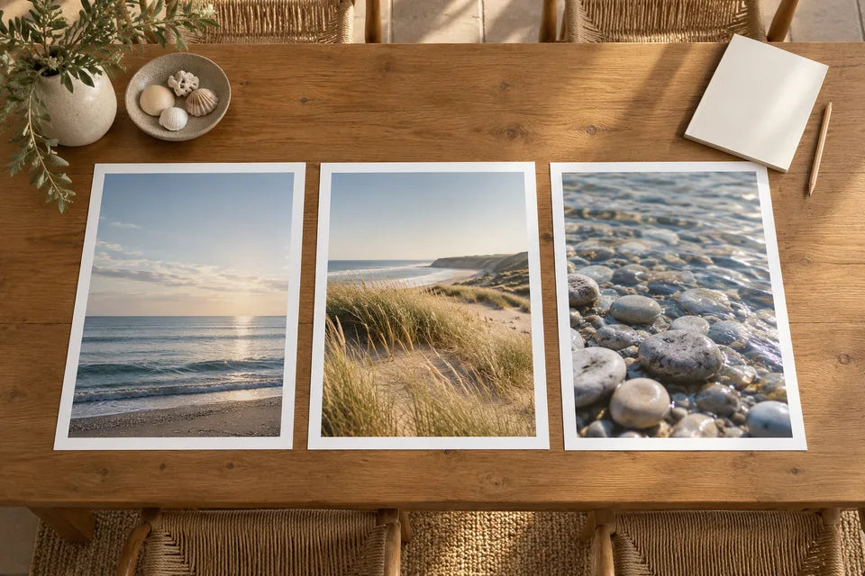 Three coordinated paper photographs of sea, dunes and pebbles arranged on a desk.