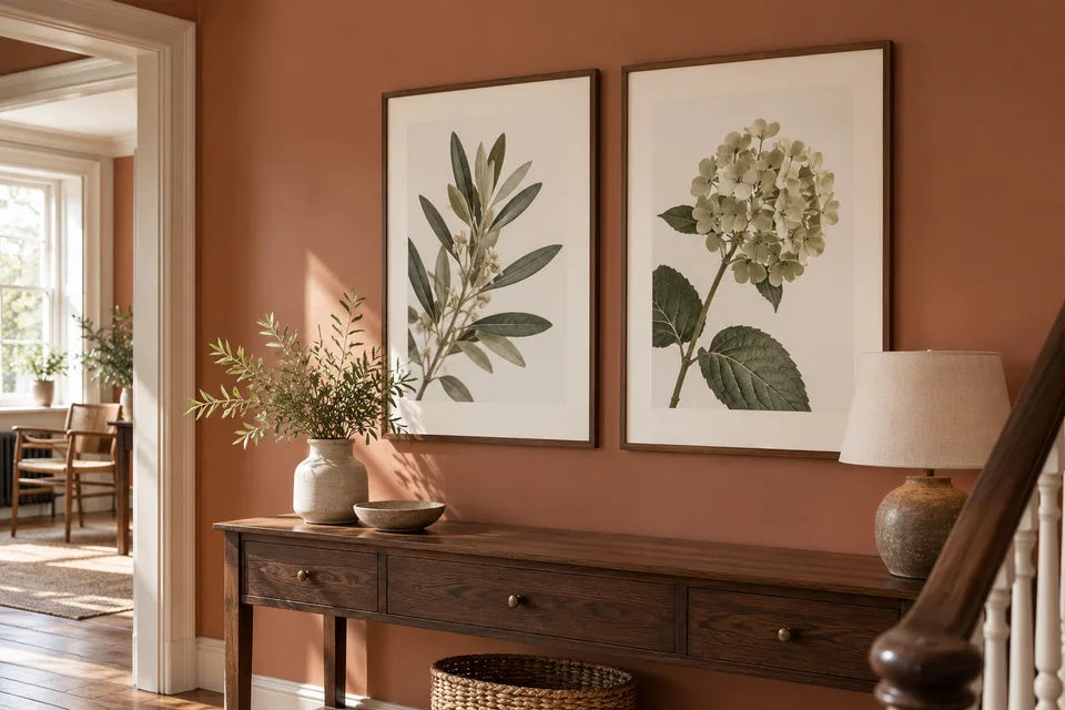 Two framed botanical posters with white surrounds displayed above a hallway console.