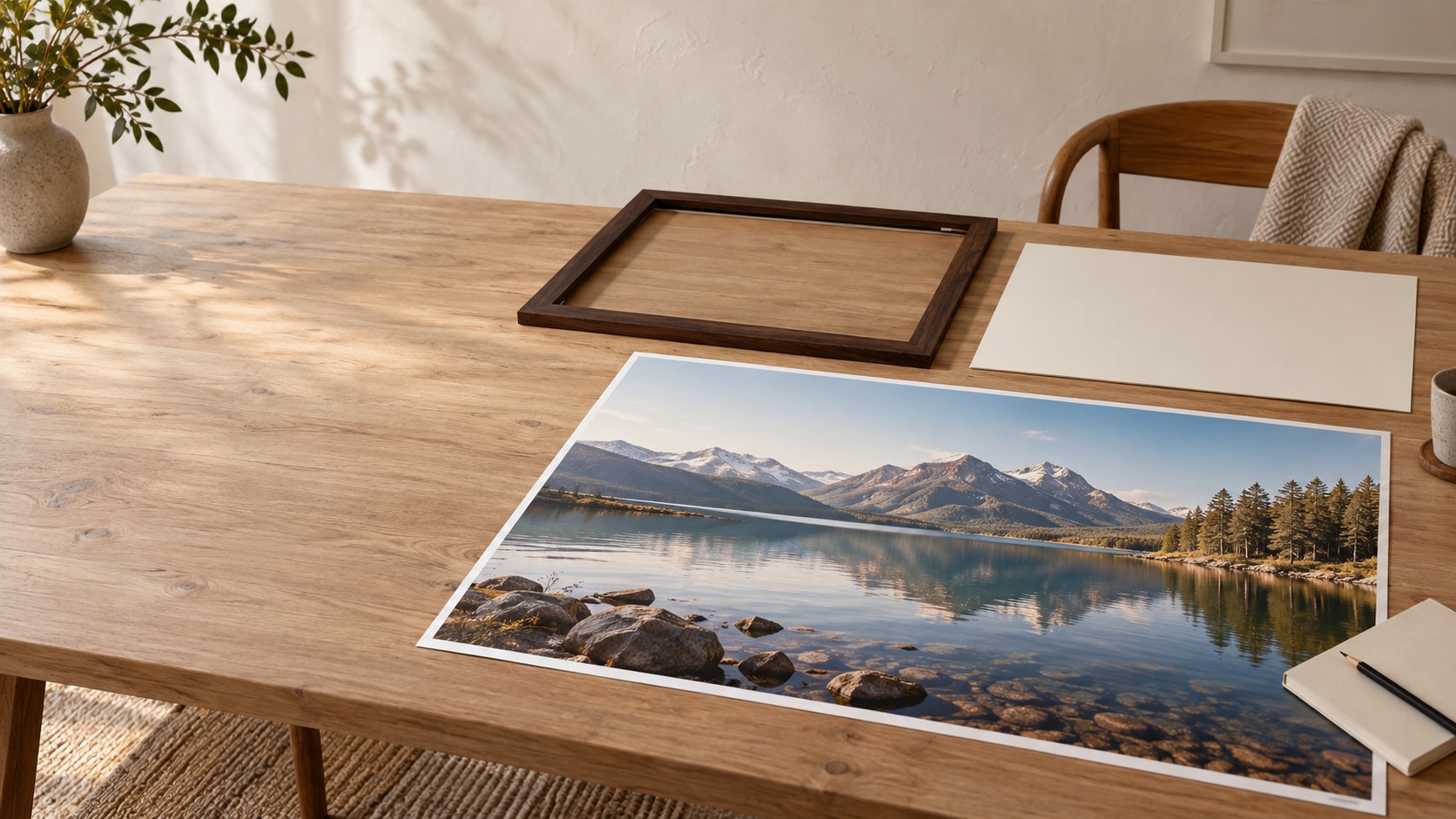 A custom-format landscape photo poster laid beside its empty frame and paper insert on a framing table.