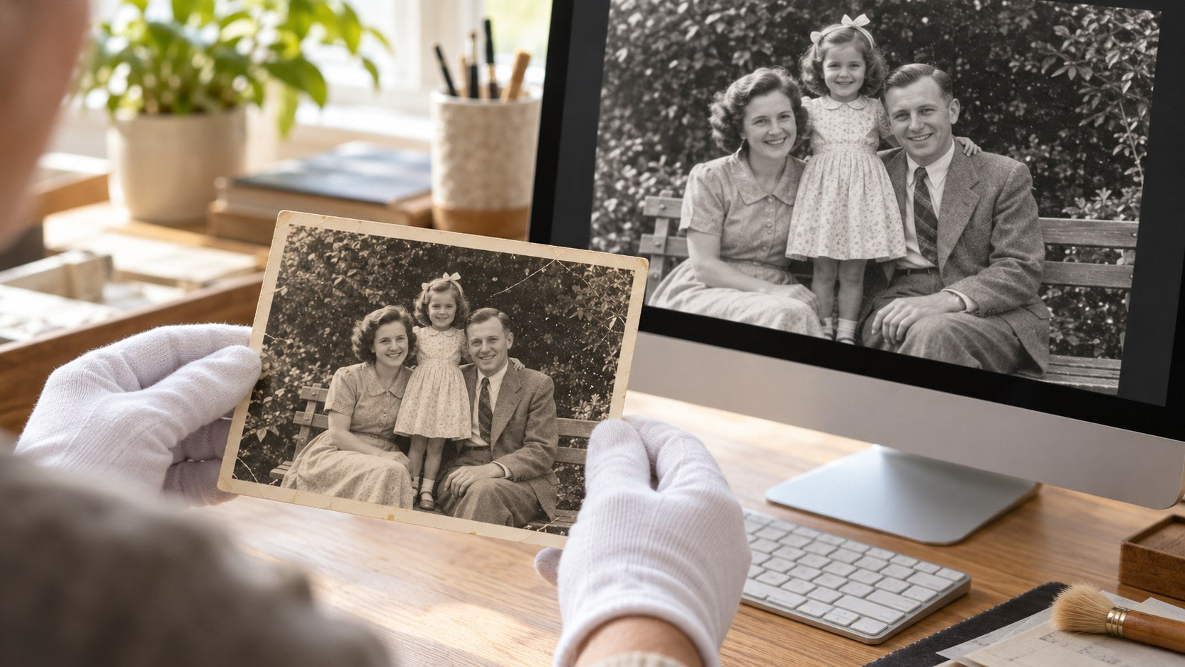 A vintage family photograph beside a monitor displaying a carefully cleaned version of the same portrait.