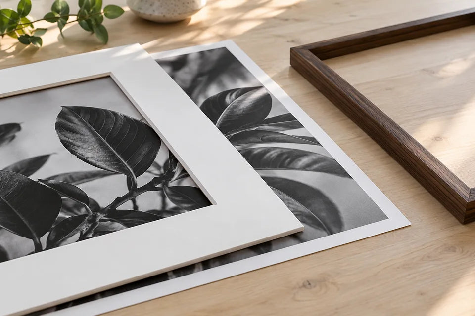 A separate white picture mount placed partly over a monochrome paper photograph beside an empty frame.
