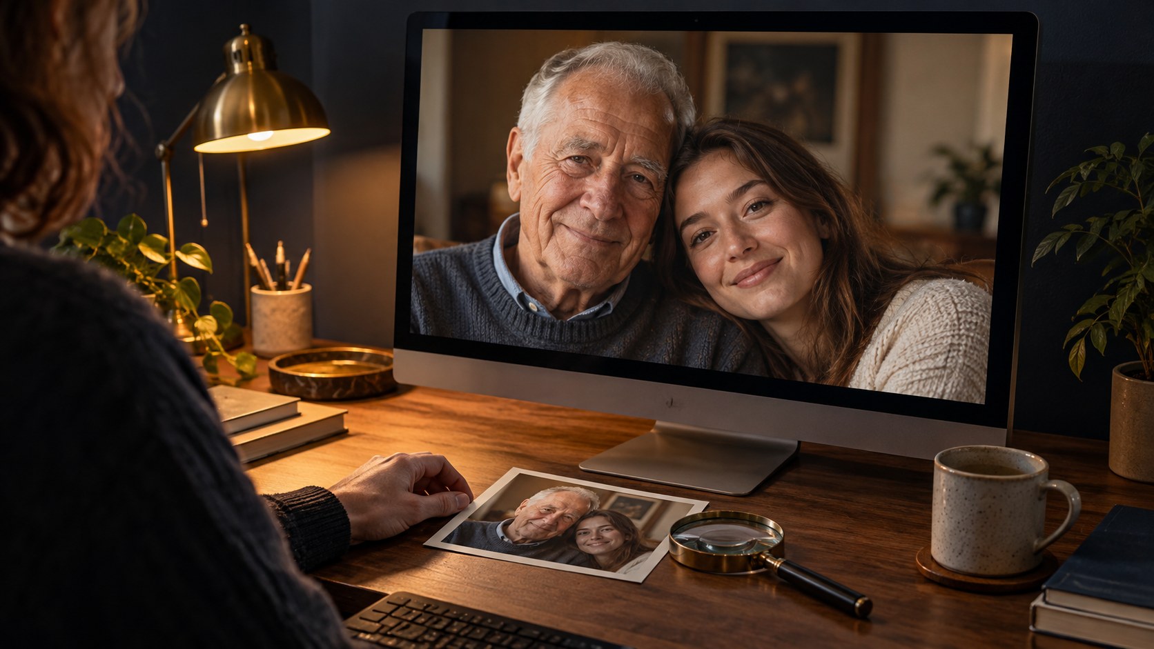 A photographer inspecting a family portrait on a monitor, with a printed photograph and magnifier on the desk.